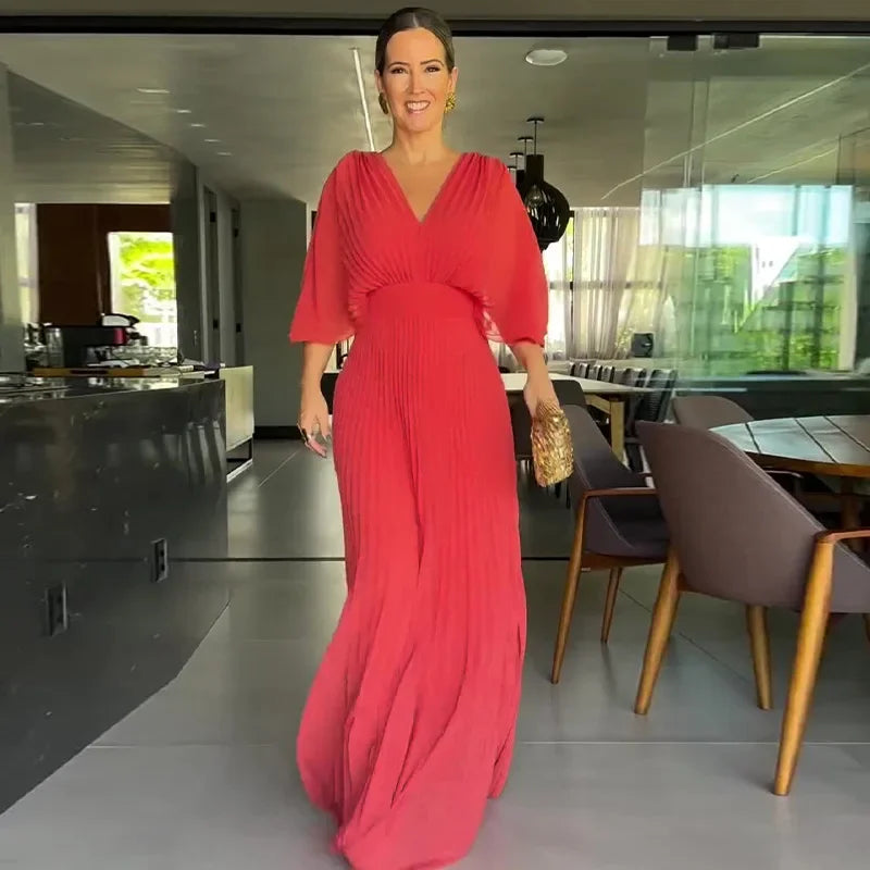 Solid Color V-Neck Bat-Sleeve High-Waisted Dress for Women