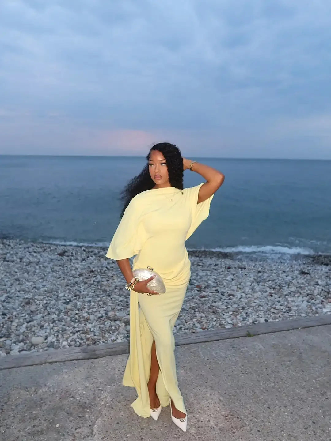 Yellow Backless Slit Evening Dress With Cinched Waist For Women