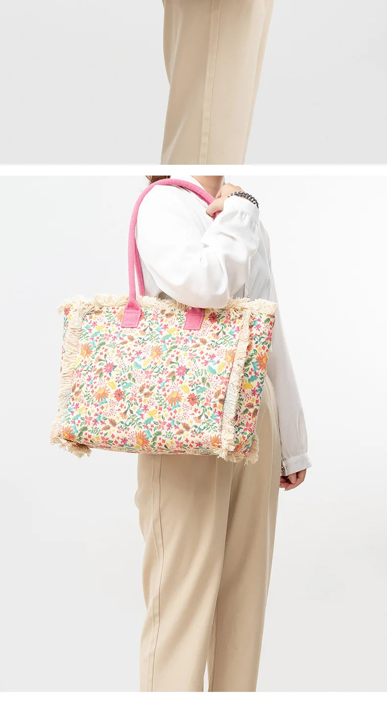 Tote bag Bohemian retro shoulder bag Zipper handbag Large capacity canvas bag Women's summer