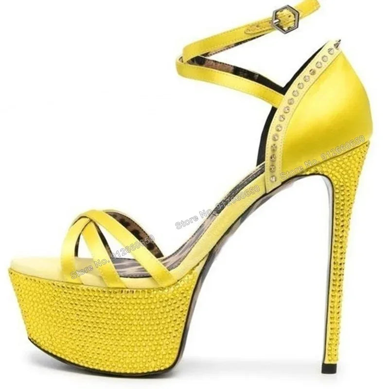 Yellow Crystal Rivet Peep Toe Platform Stiletto Sandals For Women