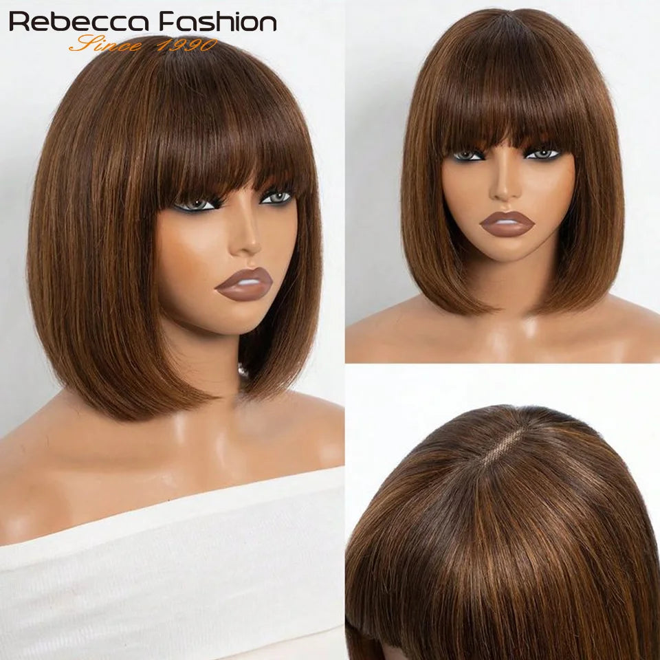 Straight Brazilian Human Hair Bob Wig With Bangs for Women
