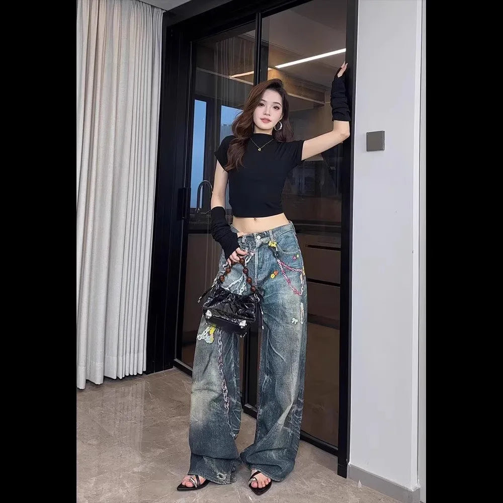 American Vintage Chain Print Cotton Straight Pants for Women
