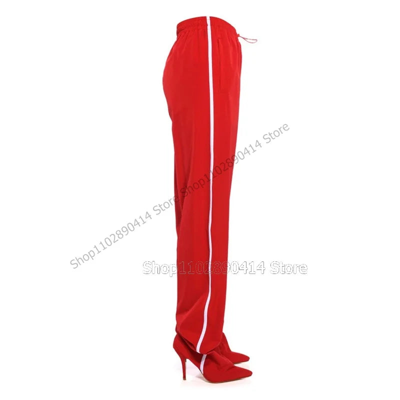 Multi Color Striped Pointed Toe High Stiletto Pant Boots For Women