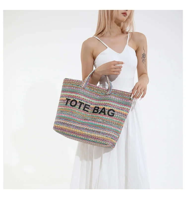 New straw woven bag, large capacity tote bag, crossbody striped letter contrasting beach bag