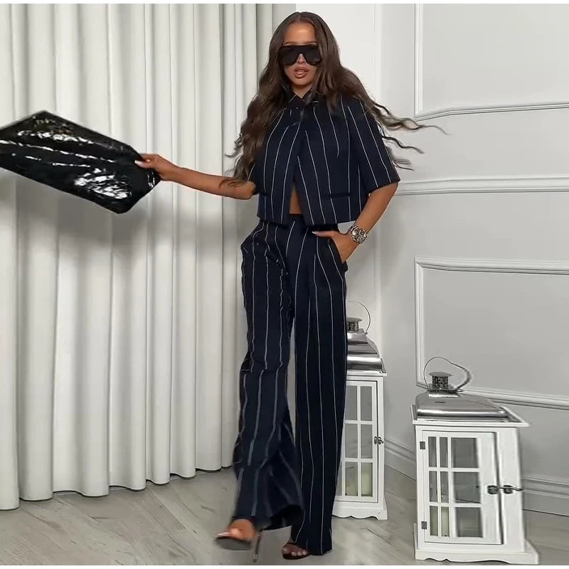 Elegant Striped Two Piece Coat and Pants Set for Women