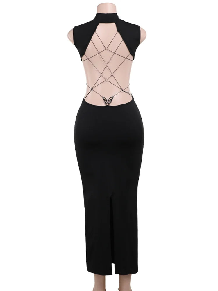 Backless Sleeveless Maxi Dress With High Collar for Women