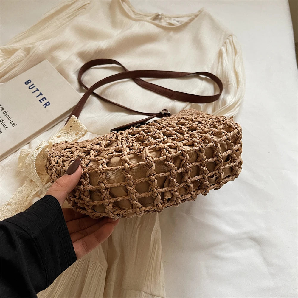 Straw Knitted Shoulder Bag With Bowknot Handmade for Women
