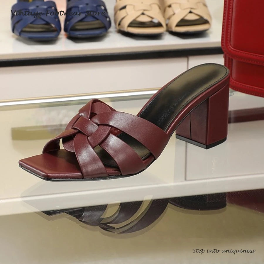 Interwoven Strap Square Toe Block Heel Mules for Women