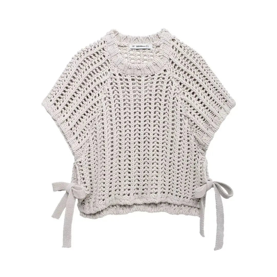Soft Crochet With Side Bow Short Sleeves Knit Top For Women