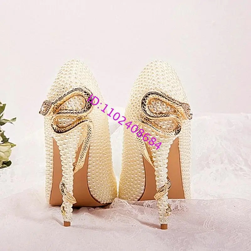 Golden Pearl Embellished Bridal High Heel Pumps For Women