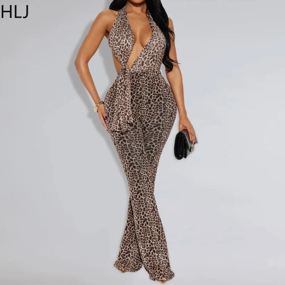 Leopard Print Halter Backless Bodycon Jumpsuit for Women