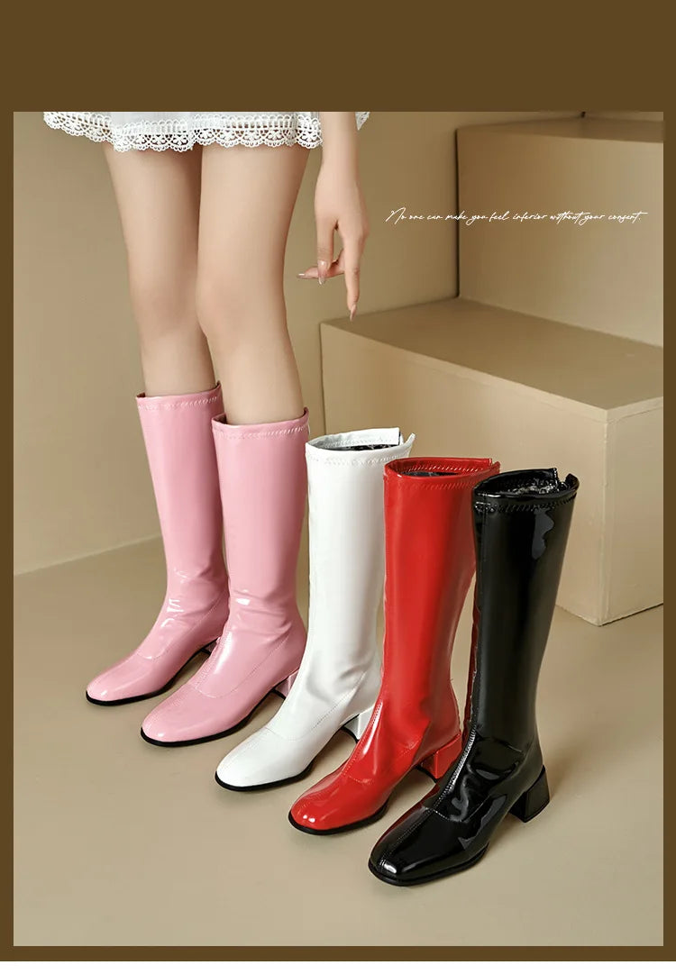 Red Patent Leather Square Toe Knee-High Boots for Women