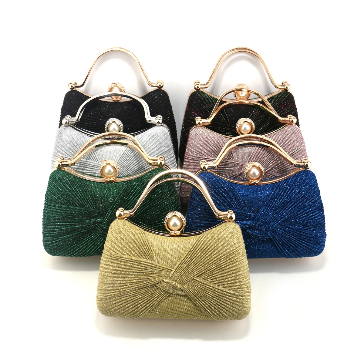 Bow Design Ruched Fashion Women Evening Bags Pink Color Sequined Glitter Metal Pearl Handbags Banquet Lady Wedding Bridal Purse