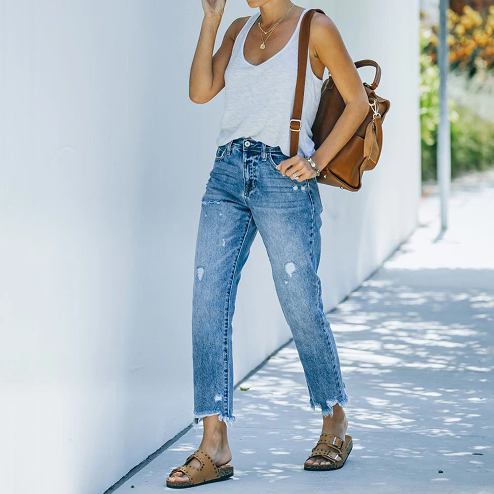 High Waist Ripped Denim Women Trousers Fashion Pants Casual Slim Cropped Straight Jeans Female Clothing S M L XL XXL