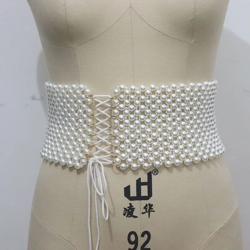 Pearl Rhinestone Elastic Waist Chain Belt for Women