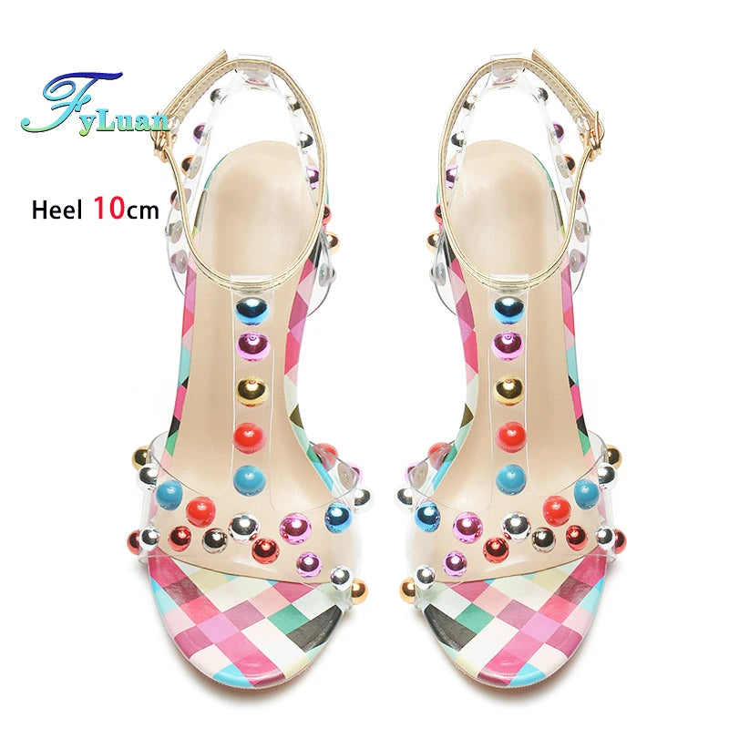 Studded Transparent T-Strap Stiletto Sandals for Women