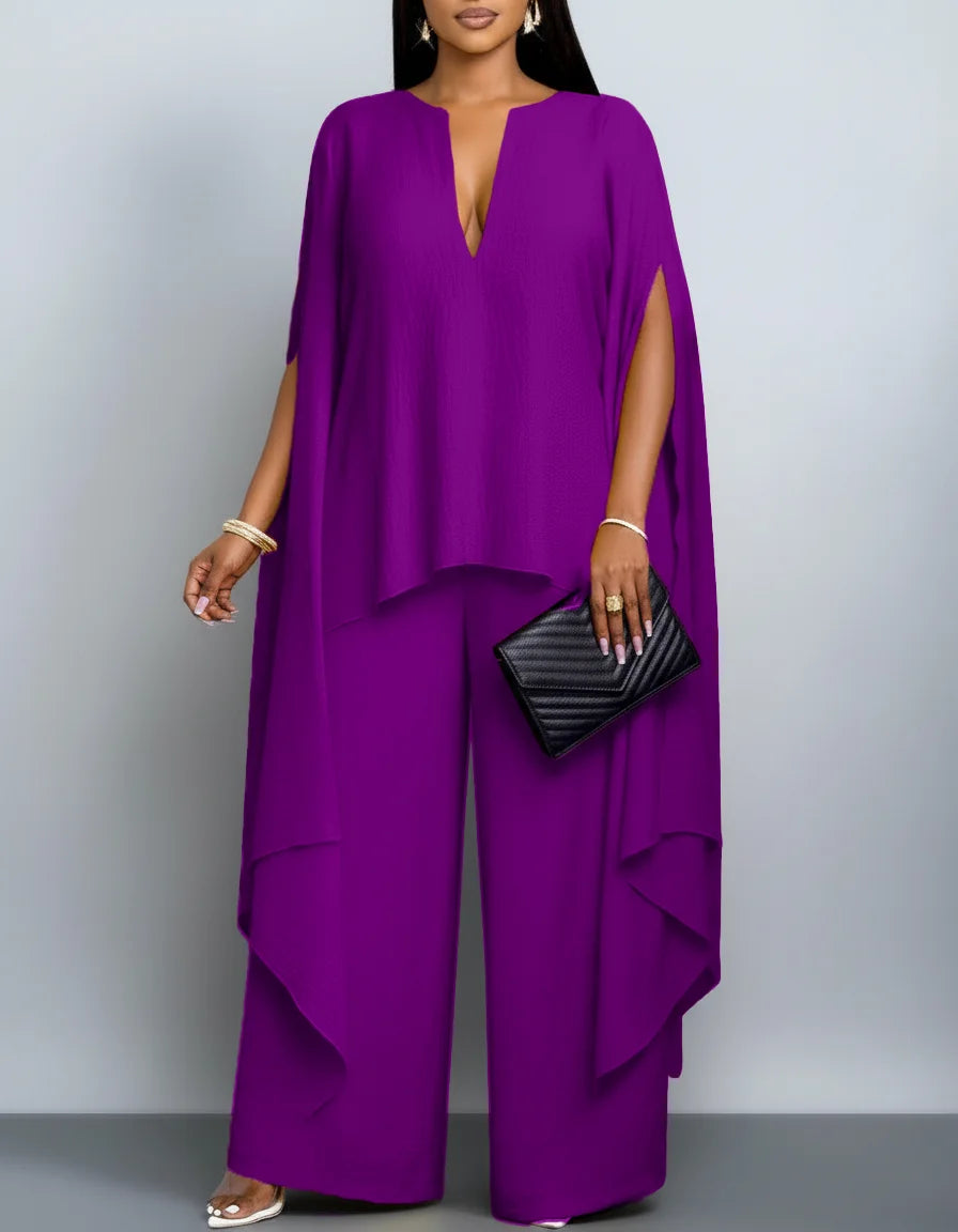 Women's Plus Size V Neck Split Cape Sleeve Loose Top Wide Leg Long Pants Set For Banquet Event Formal Daily Fashion Occasions