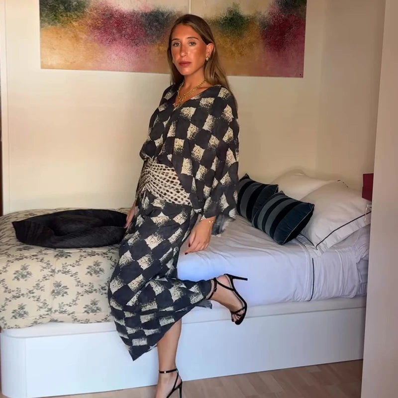 Casual Patchwork Print V Neck Maxi Dress for Women