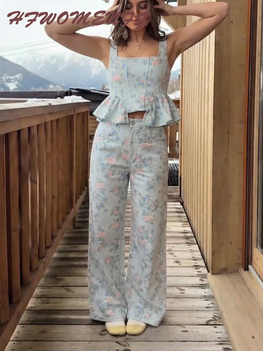 Printed Vest And Wide Leg Pants Set