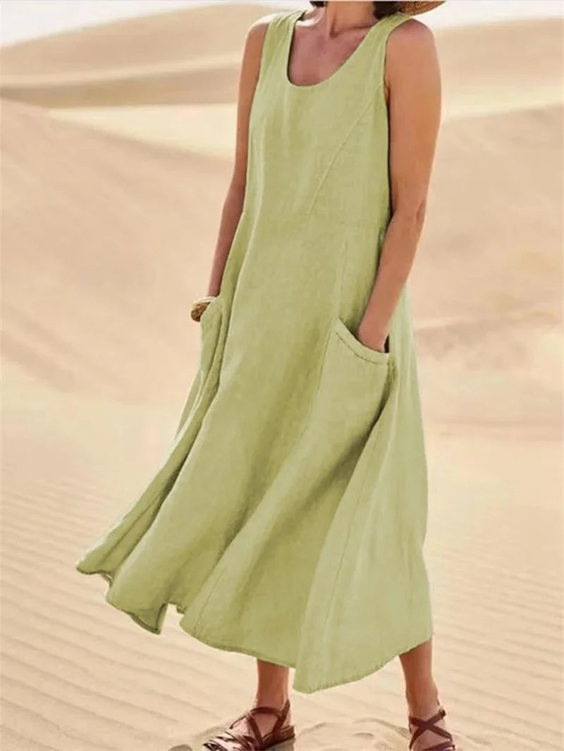 Casual Sleeveless Midi Dress With Side Pockets For Women