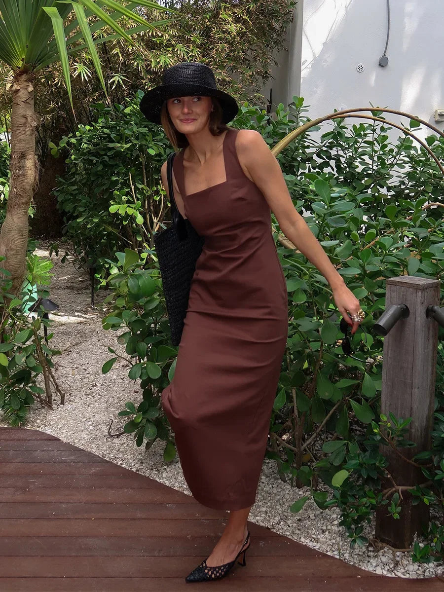 Elegant Square Neck Suspender Cotton Blend Dress For Women
