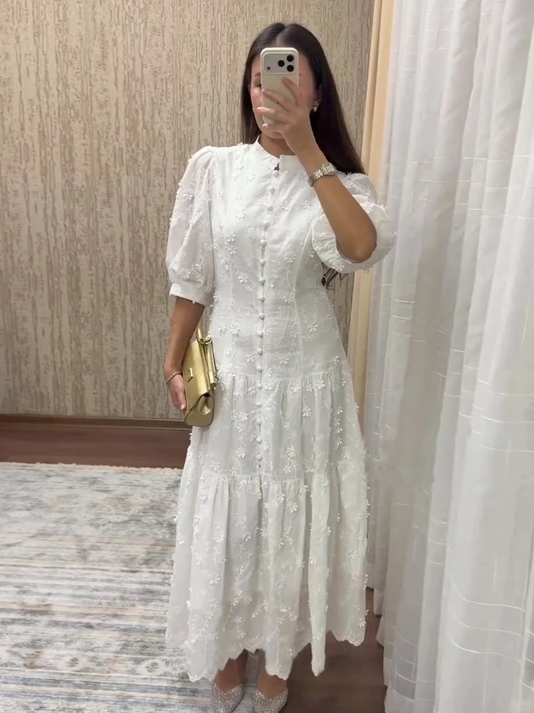 Floral Puff Sleeve Empire Waist Long Dress for Women