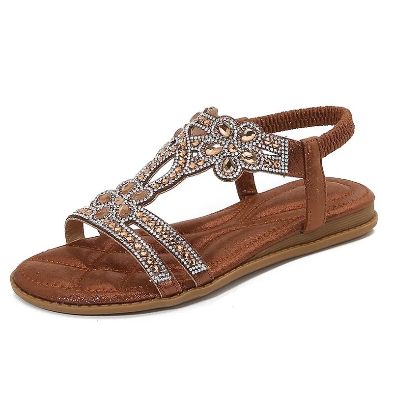 Bohemian Rhinestone Openwork Flat Sandals For Women
