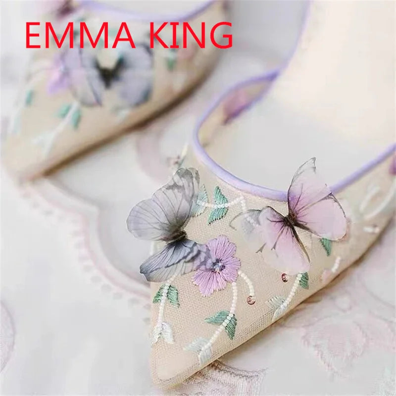 Pointed Toe Purple Silk Embroidered Pumps with Ankle Strap for Women