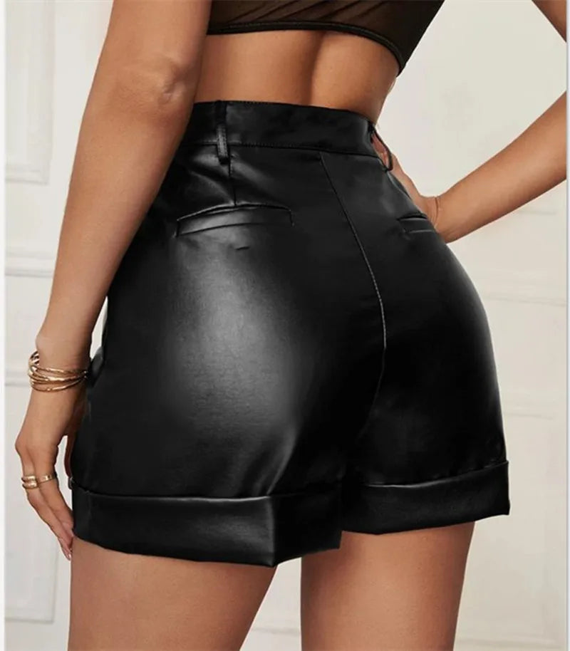 Faux Leather Mid Waist Pocketed Casual Shorts for Women