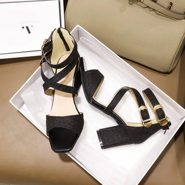 Square Heel Buckle Cross Strap Sandals
