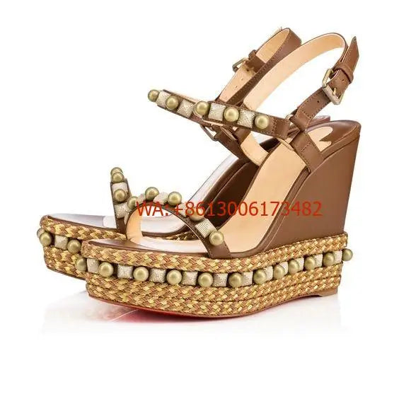 Metallic Trim Suede Wedge Sandals With Buckle Straps For Women