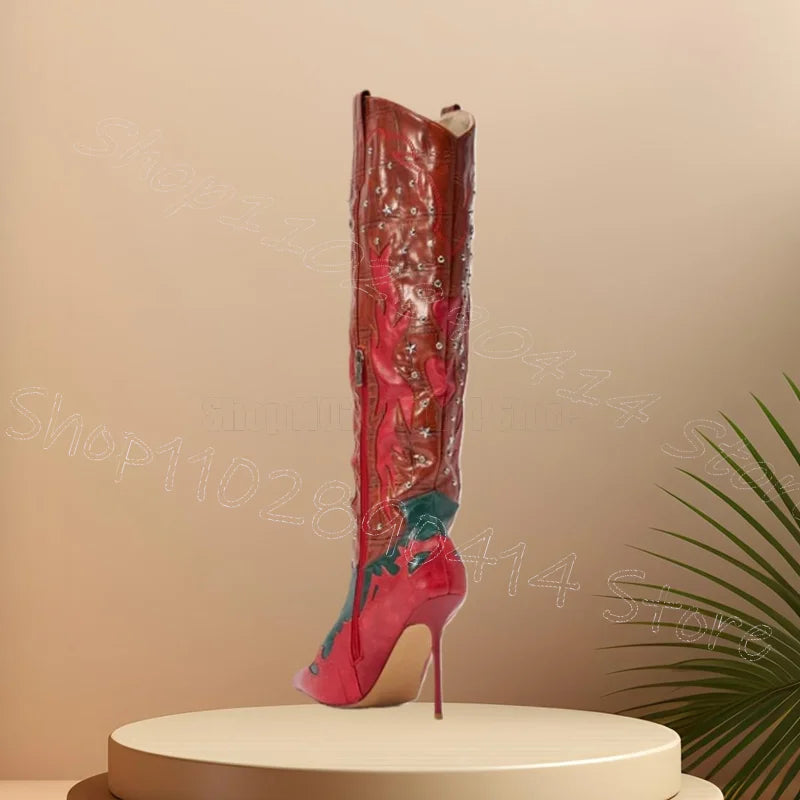 Pointed Toe Star Rivet Side Zipper High Heel Boots For Women