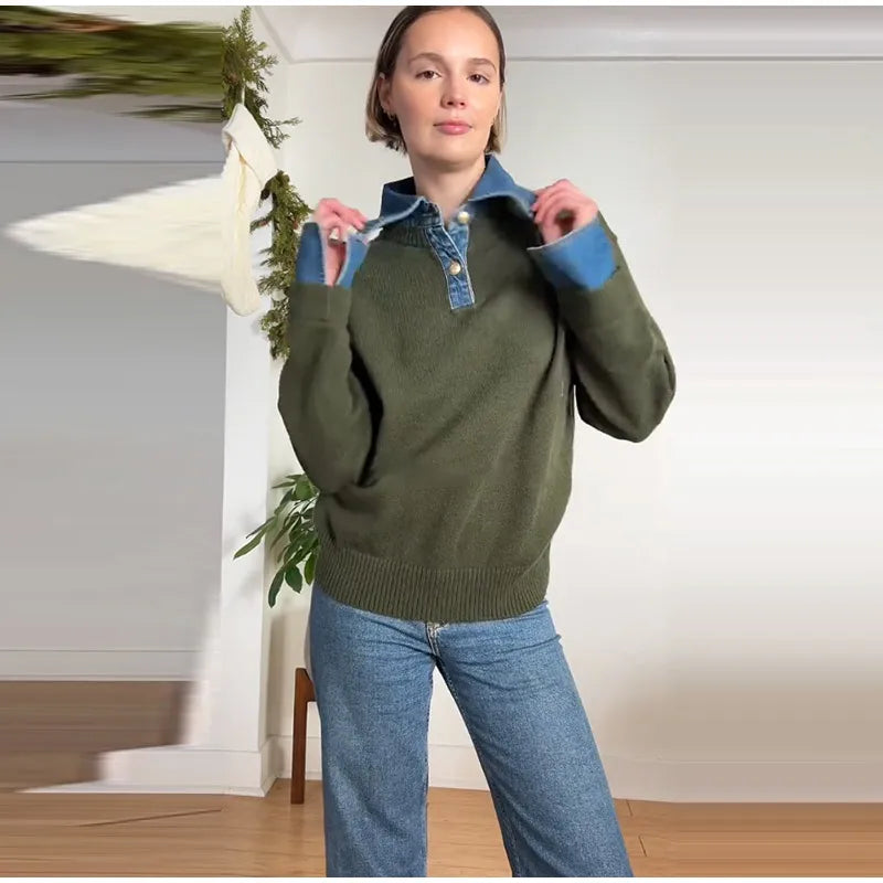 Long Sleeve Denim Collar Half Button Knit Top For Women