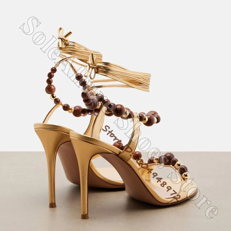 Metallic Gold Open Toe Lace Up Wood Bead Stiletto Sandals for Women