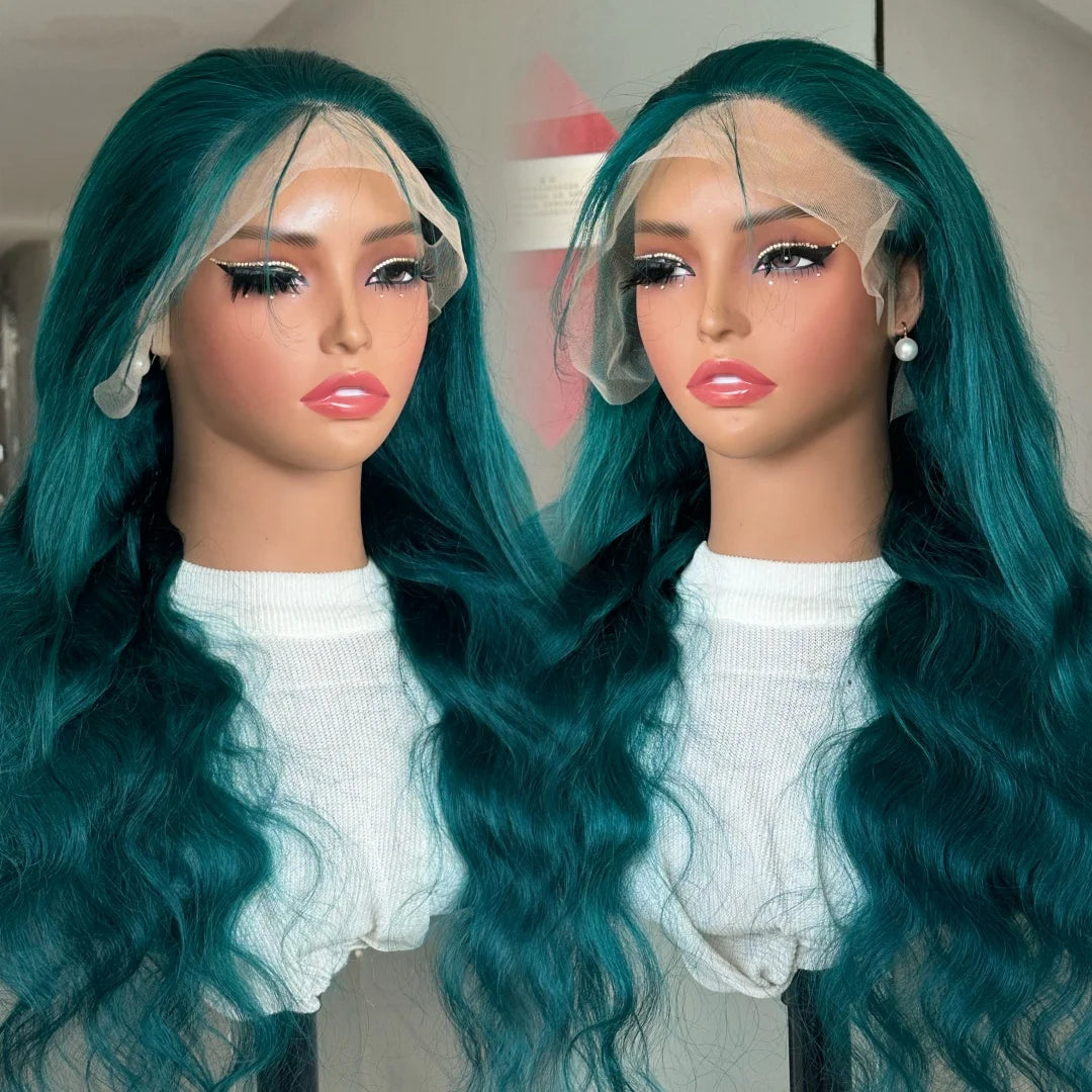 Cyan Green Body Wave Human Hair Lace Front Wig for Women