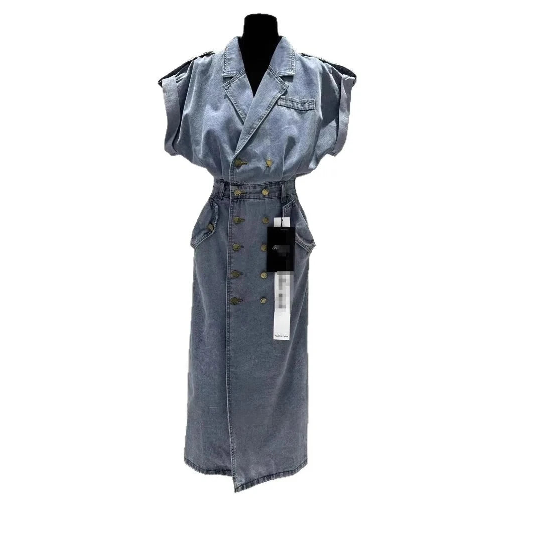 Classic Single Breasted Lapel Denim Midi Skirt For Women