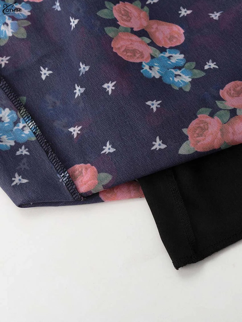 Oymimi Elegant Black Print Two Piece Set For Women Fashion Ruffled Long Sleeve Crop Shirts And Side Slit Floor-Length Skirts Set