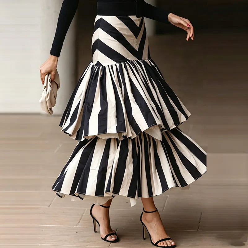Striped High Waisted Asymmetric Tiered Maxi Skirt for Women