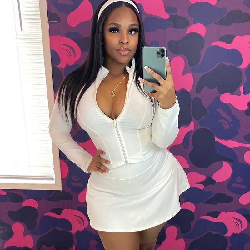 FAGADOER Sexy Sporty 2 Pieces Set for Woman Zipper Long Sleeve Jacket Tops + Pleated Skirts Tracksuits Female Streetwear 2025