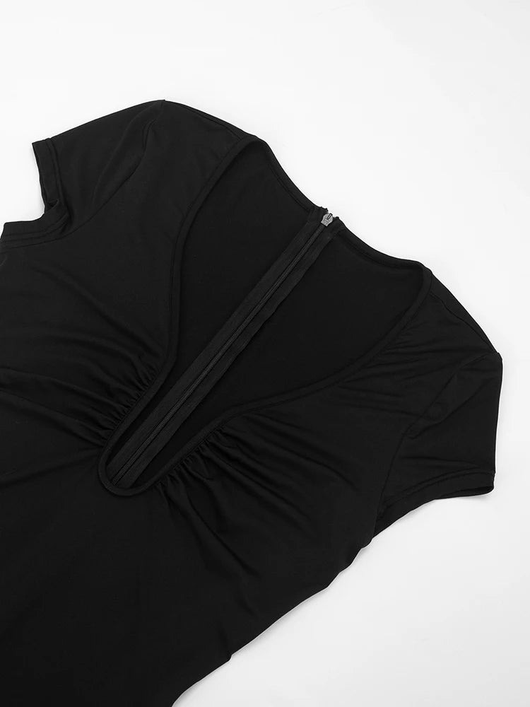 Patchwork Irregular Low-Neck Short Sleeve Stretch Playsuit for Women