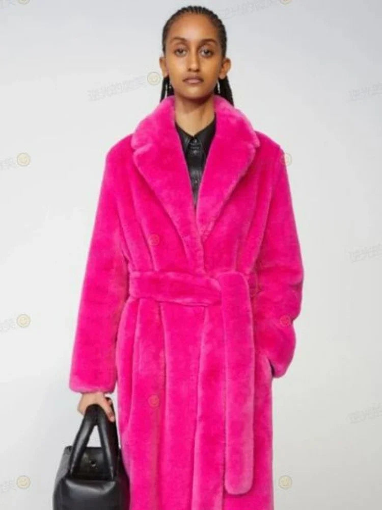 Long Belted Faux Fur Winter Coat