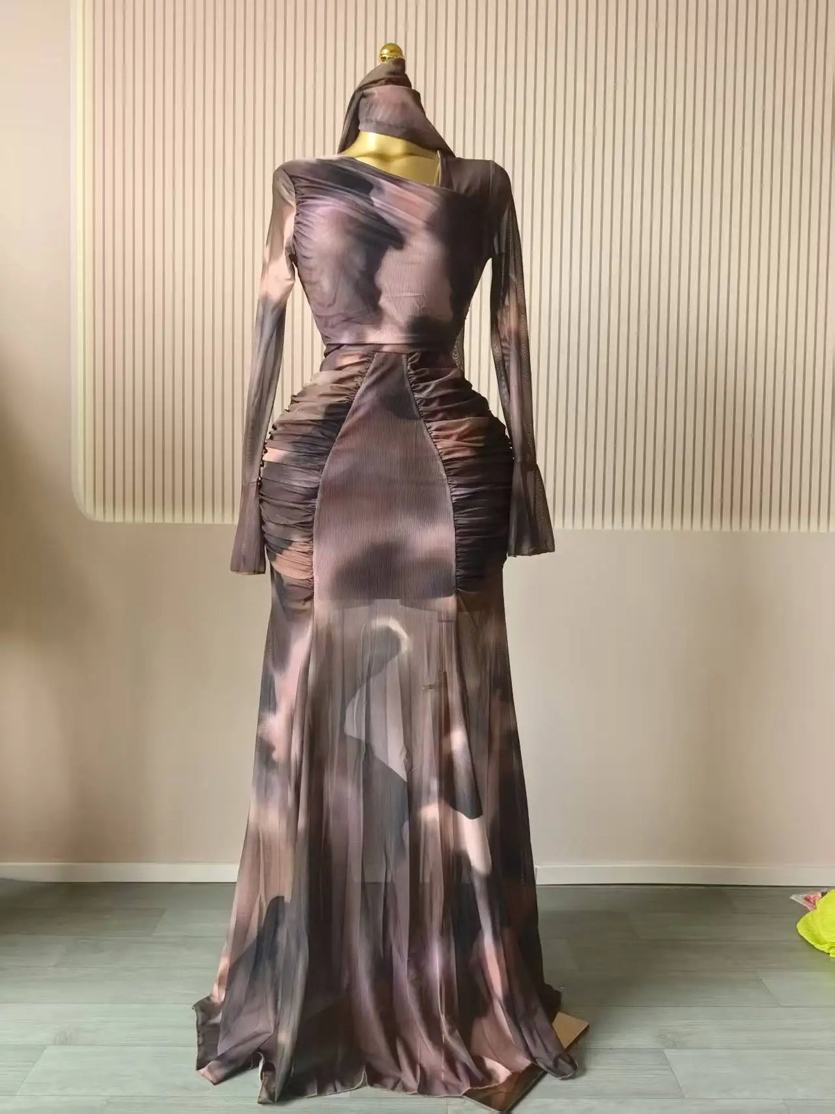 Tie Dye Ruched Skew Neck Long Sleeve Maxi Dress for Women