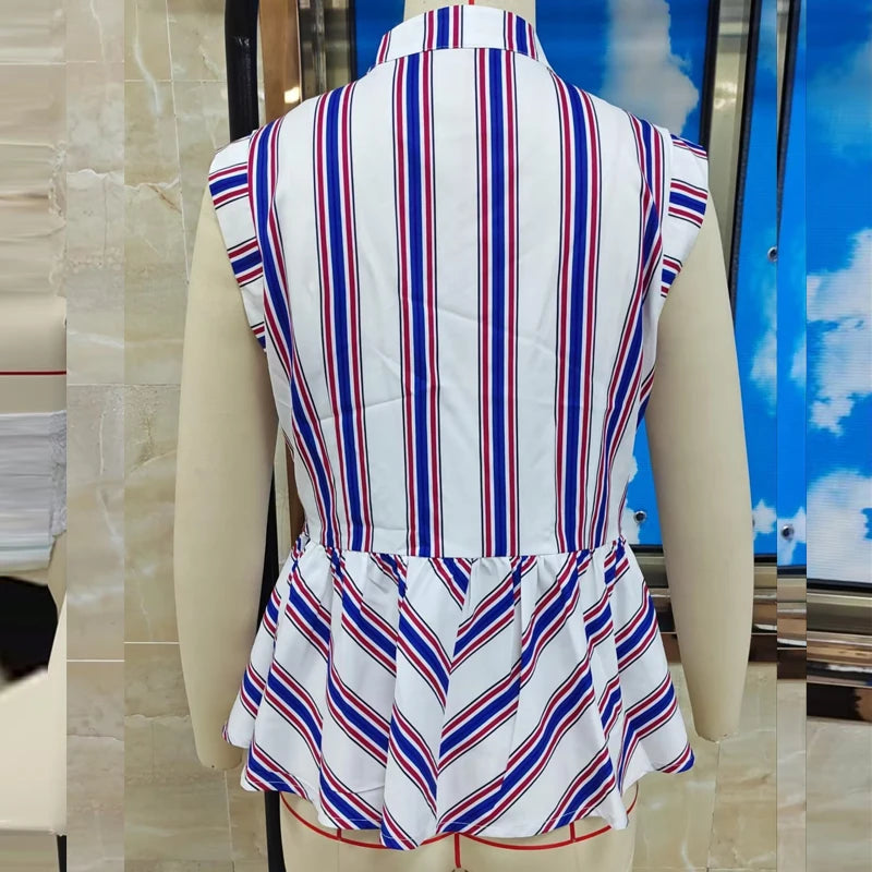Striped Mandarin Collar Peplum With Button Front Top for Women