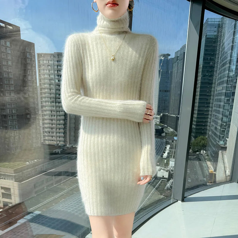 High Neck Slim Fit Stretch Knit Mini Dress for Women