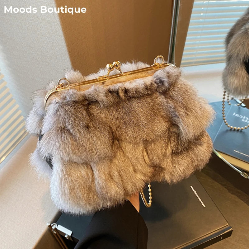 Luxurious Fox Fur Evening Clutch with Chain for Women