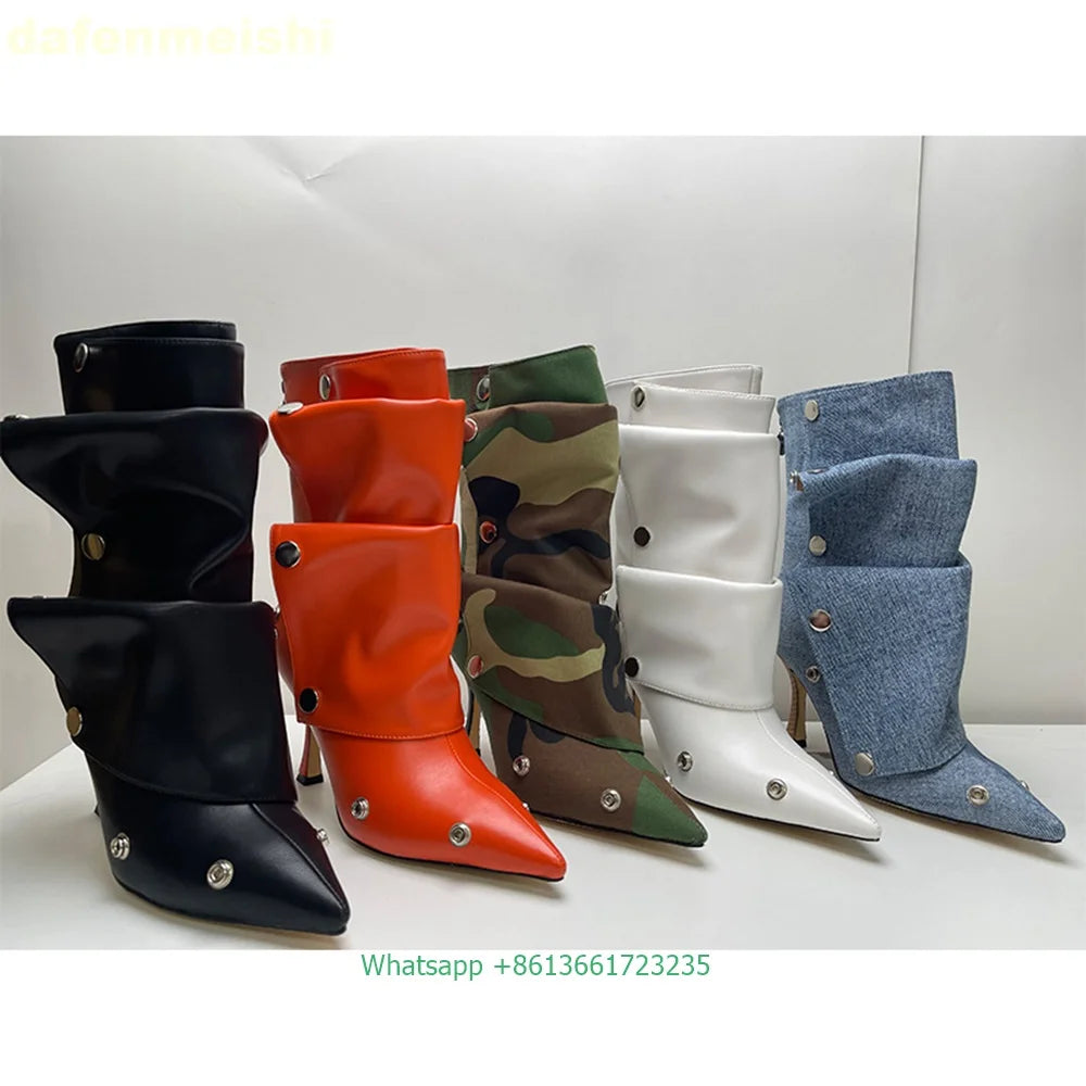 Pleated Stiletto Pointed Toe Leather Ankle Boots With Rivet Buckle For Women