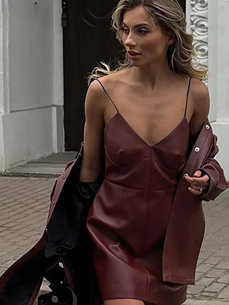 Faux Leather Two Piece Dress Coat Set