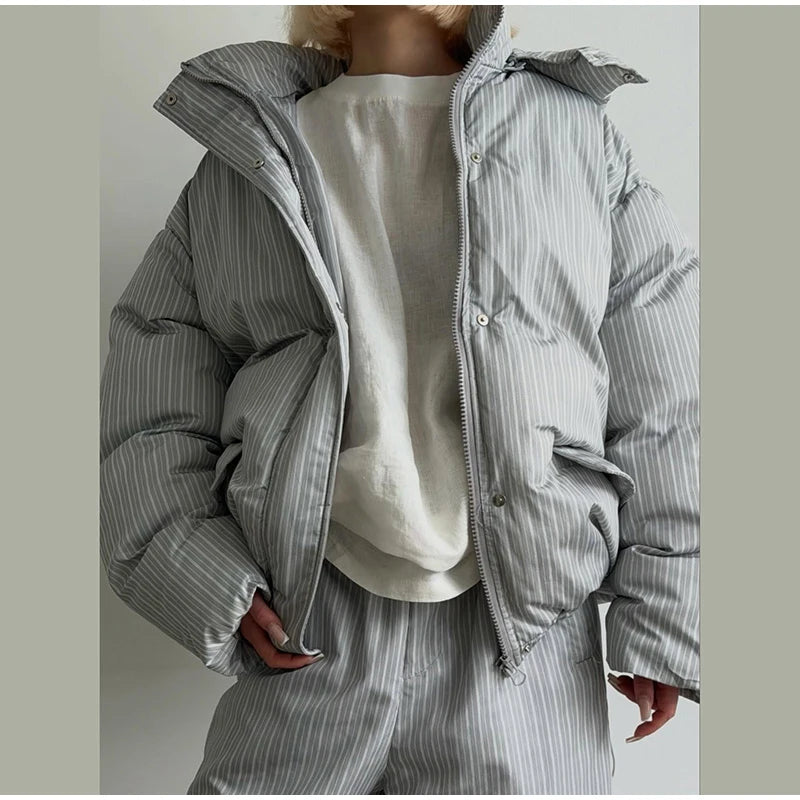 Striped Hooded Puffer Jacket and Wide Leg Pants Set for Women