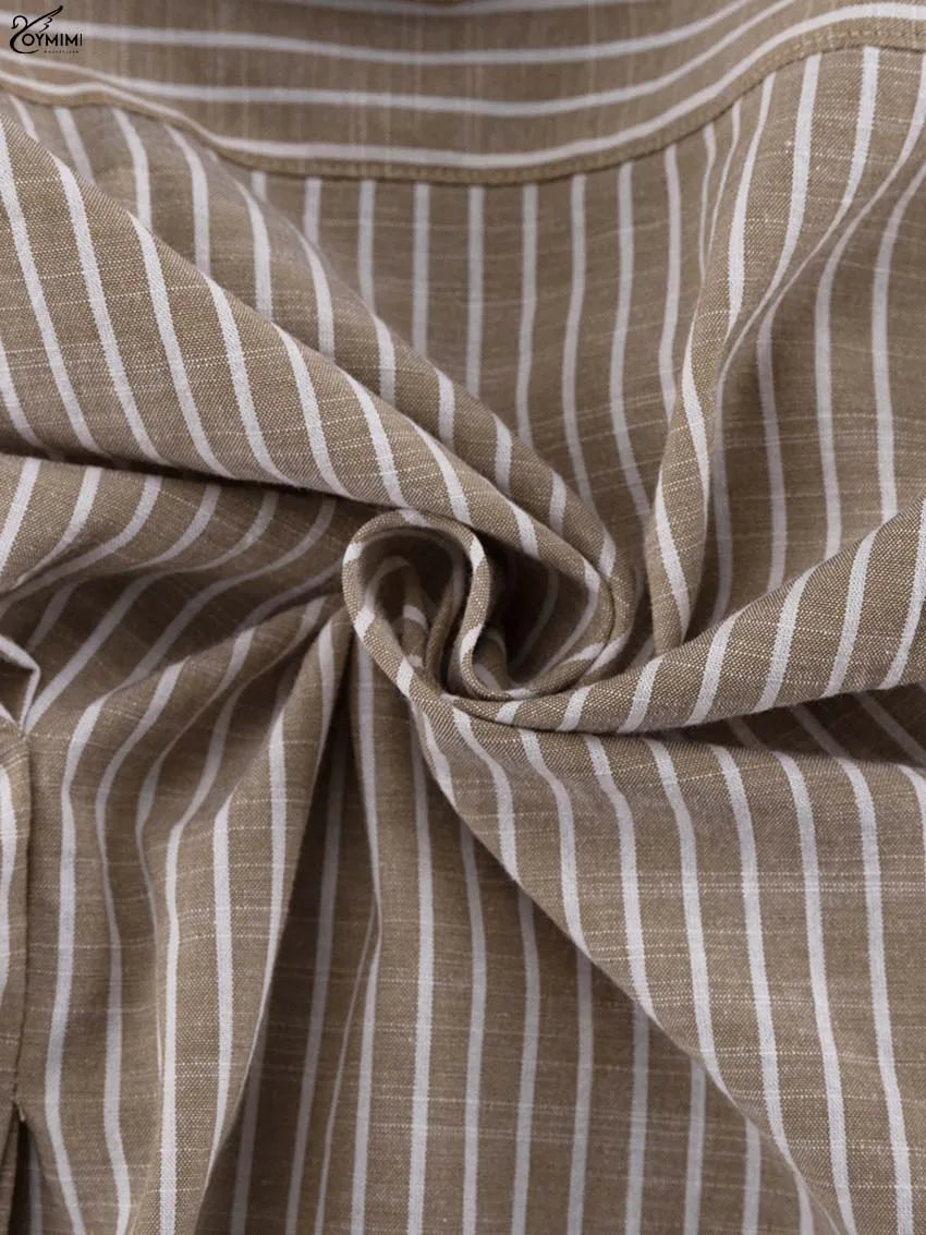 Oymimi Fashion Brown Striped Print Women Top Elegant Long Sleeve Pockets Lace-Up Blouses Spring Casual New Lapel Button Shirts