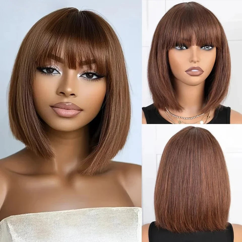 Short Straight Human Hair Bob Wig With Bangs for Women